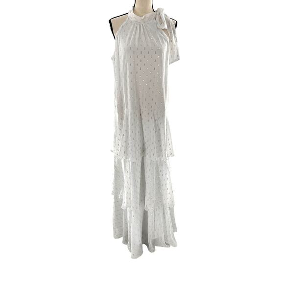 Julia Jordan Tiered A Line Maxi Dress 8 NWOT White Chiffon Dot Bridal Grad Glam - Picture 4 of 10